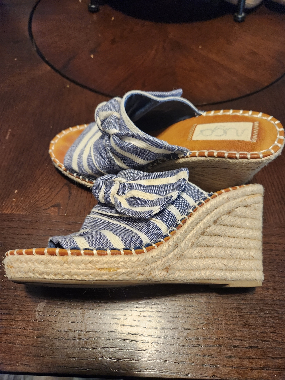 Sugar Blue and White Striped Knotted Espadrille Wedge Sandals